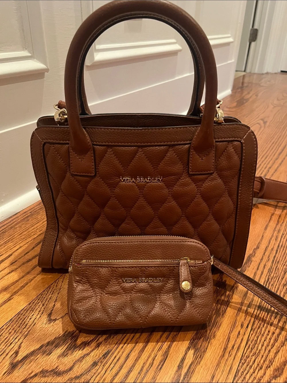 Vera Bradley Brown Quilted Leather Satchel and Wristlet Set